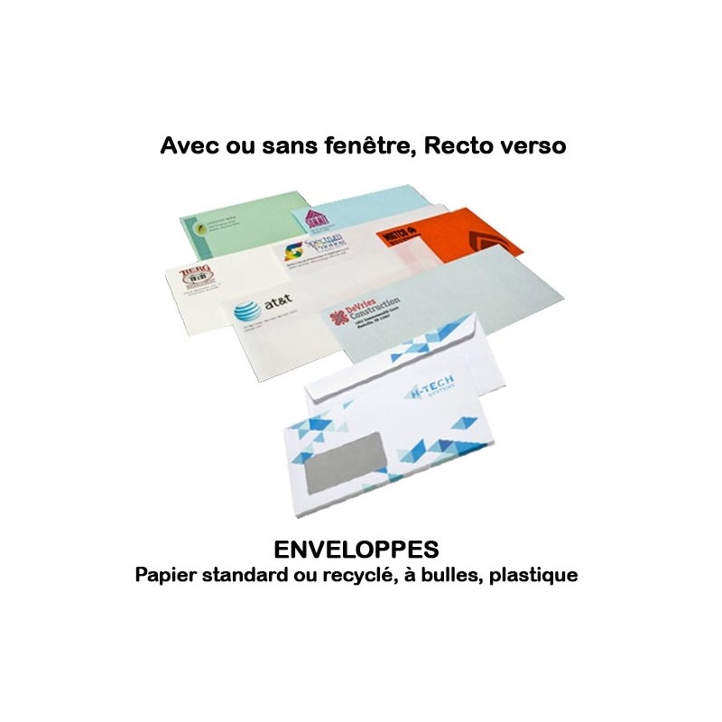 Enveloppes personnalisées sur papier standard, recyclé, bulles, plastique (recto ou Recto Verso)