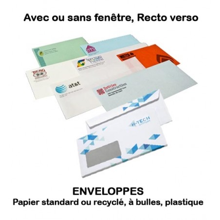 Enveloppes personnalisées sur papier standard, recyclé, bulles, plastique (recto ou Recto Verso)