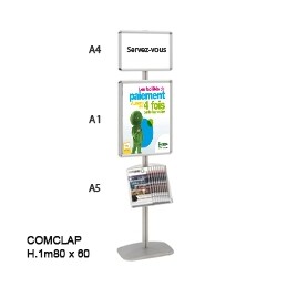 COMCLAP® D L.60 x H.1m80 - 2 cadres A1 et A4 & porte docs A5 - Changement de visuel sans outils