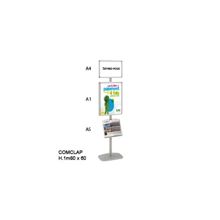 COMCLAP® D L.60 x H.1m80 - 2 cadres A1 et A4 & porte docs A5 - Changement de visuel sans outils