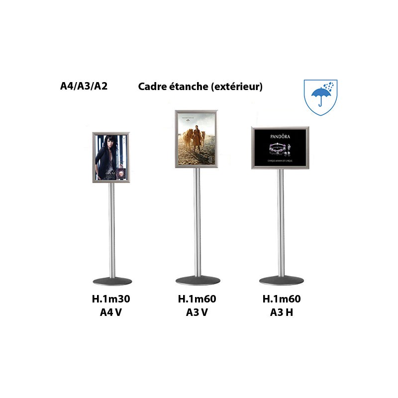 Totem étanche porte affiche A2 à A4 autoportant visuel interchangeable