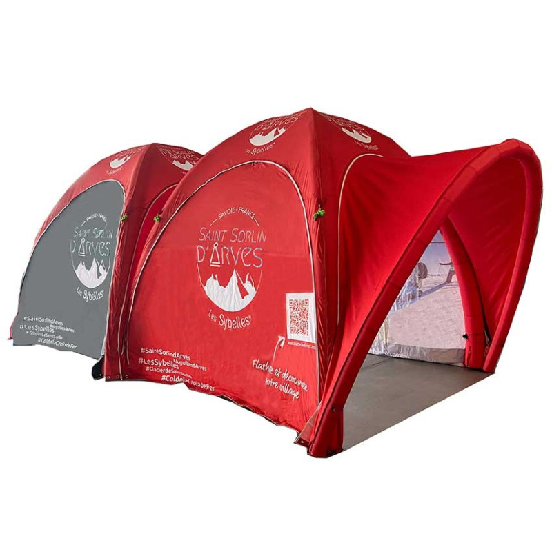 2 Tentes gonflables personnalisées COMDOME® 3x3 Pro – structure Air Captif H.2m35 avec tunnel de connexion